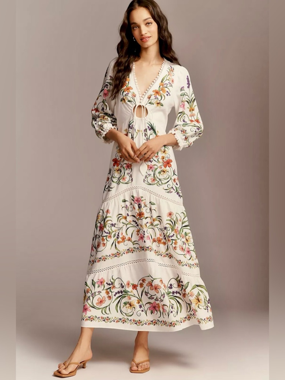 FARM Rio White Linen Blend Multicolor Floral Printed Maxi Dress Size Small NWT - Picture 2 of 16